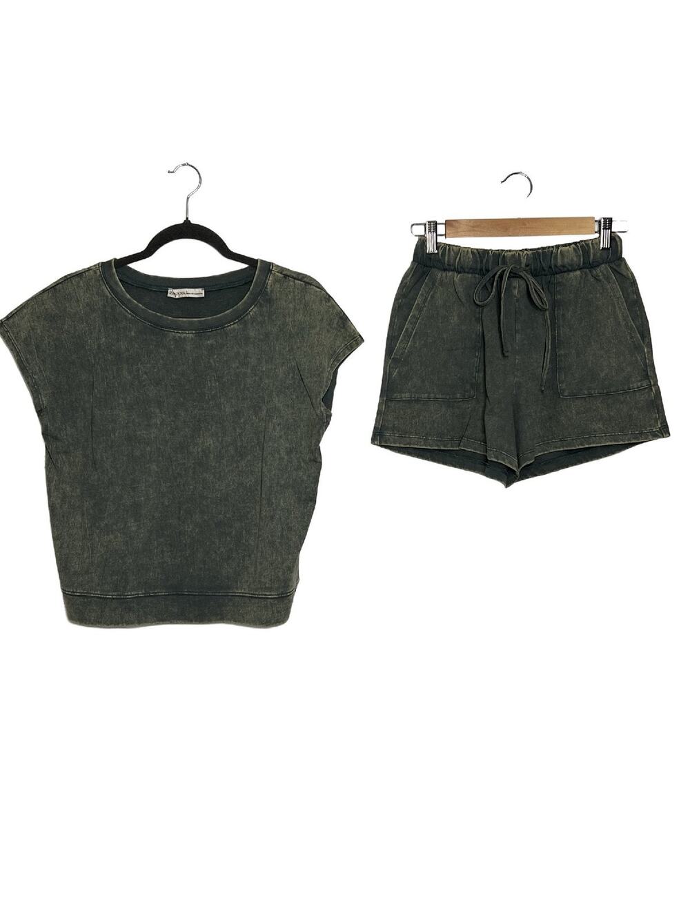 Zenana Acid Wash T-Shirt & Shorts Matching Set Small Dark Green Cotton Lounge